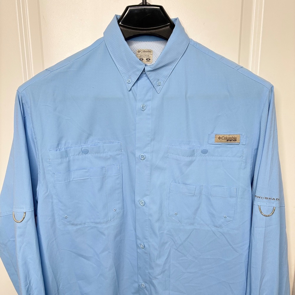 Columbia PFG Tamiami II Long Sleeve Fishing Shirt Mens Medium Light Blue UPF 40
